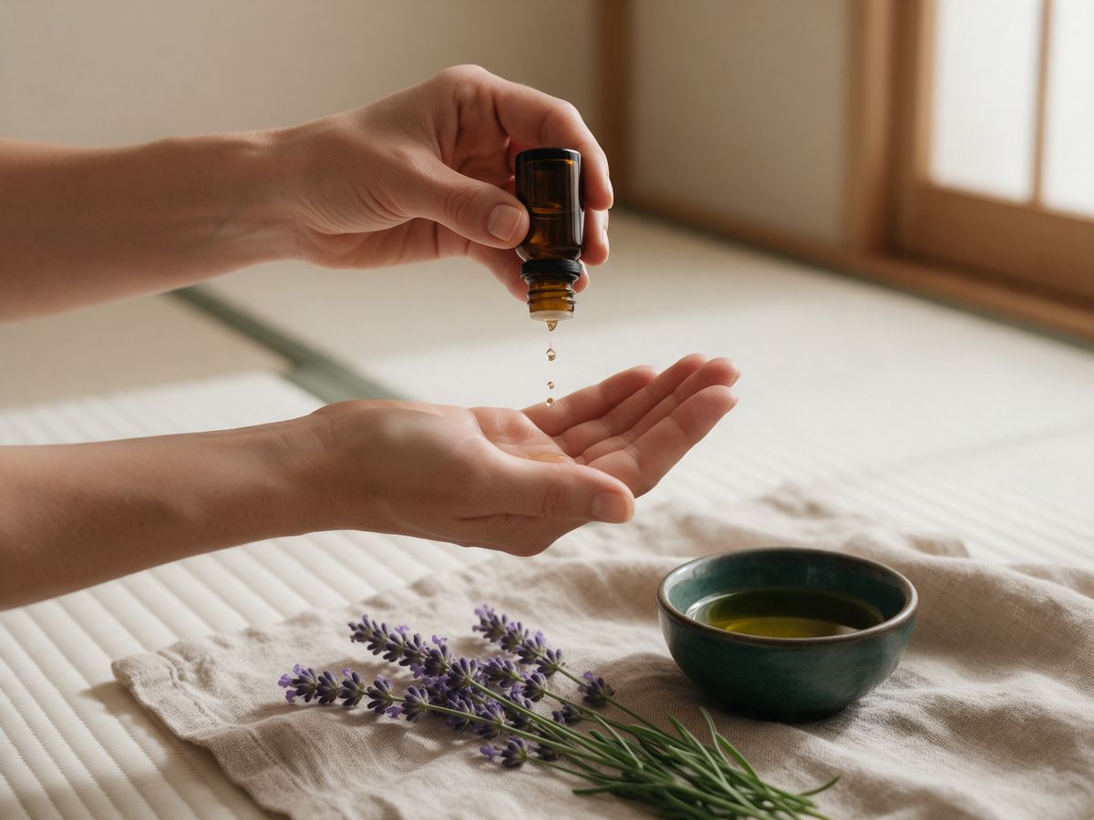 Mãos pingando óleo essencial na palma, ao lado de raminhos de lavanda e de uma tigela de óleo