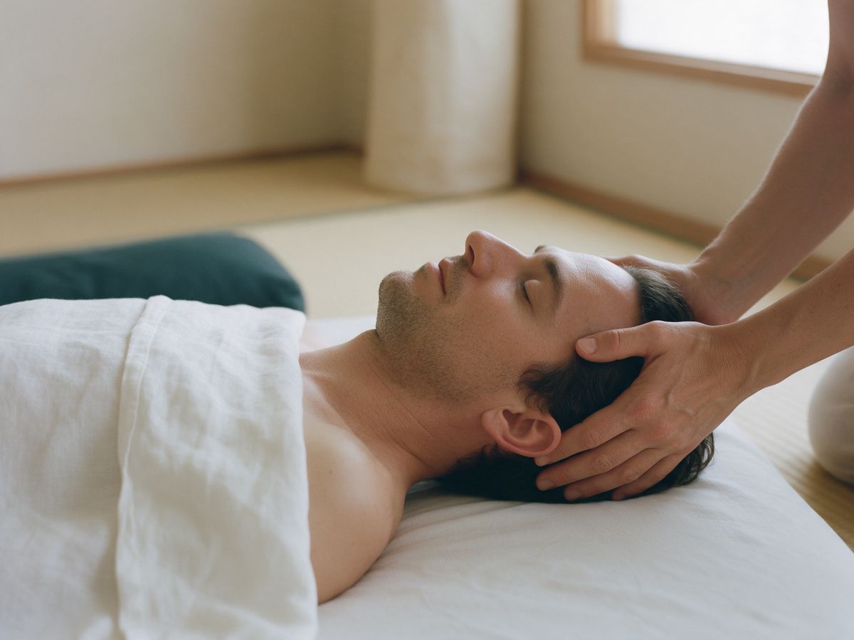 Homem deitado no tatame, coberto por um lençol, relaxado, com as mãos do terapeuta apoiando a cabeça