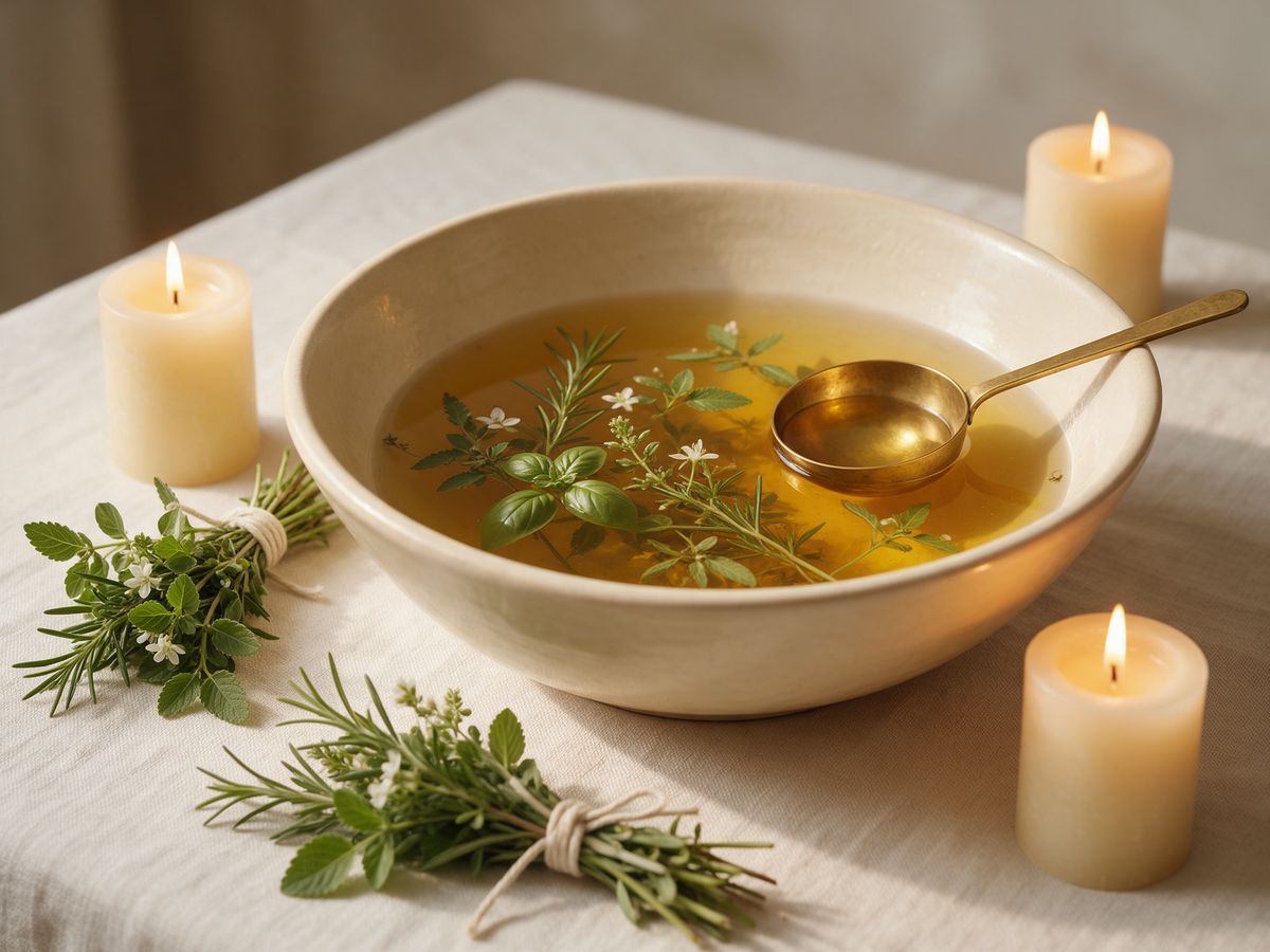 Tigela com banho de ervas frescas, concha dourada, maços de ervas e velas acesas