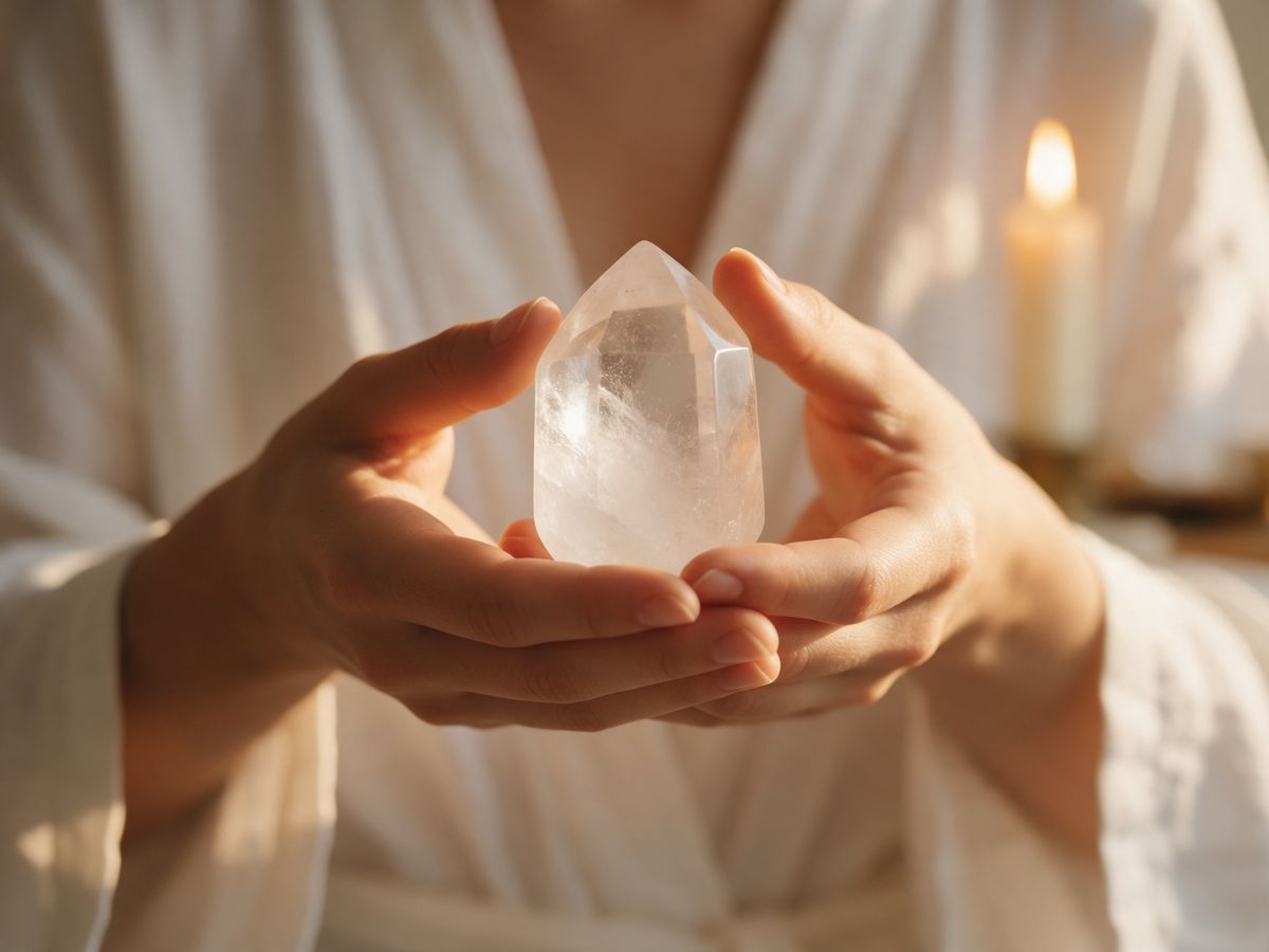 Mãos segurando um cristal de quartzo junto ao peito, à luz de uma vela