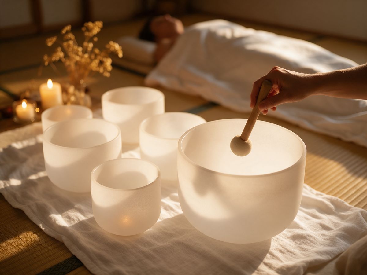 Mão tocando uma tigela de cristal ao lado de outras tigelas e velas acesas