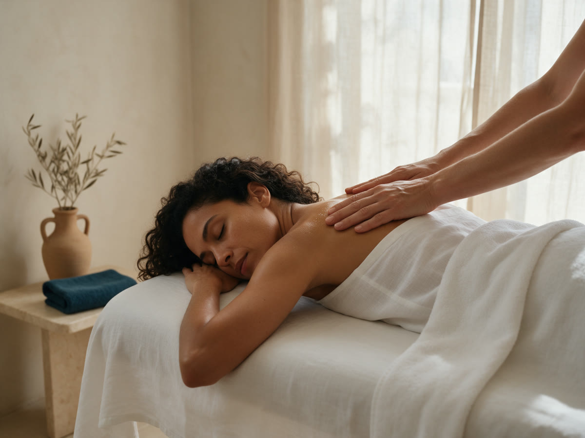 Mulher relaxando de bruços na maca enquanto recebe massagem suave nos ombros