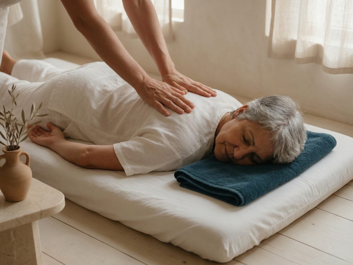 Mulher de cabelos grisalhos deitada de bruços no tatame, com o rosto de lado, recebendo pressões de shiatsu nas costas